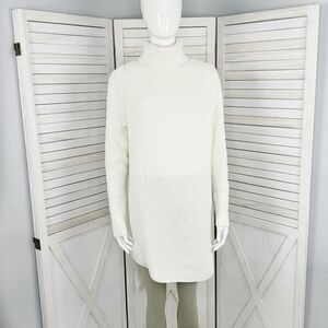 Express Ribbed Asymmetrical Hem Split Side Long Sweater Cream Large Turtle Neck